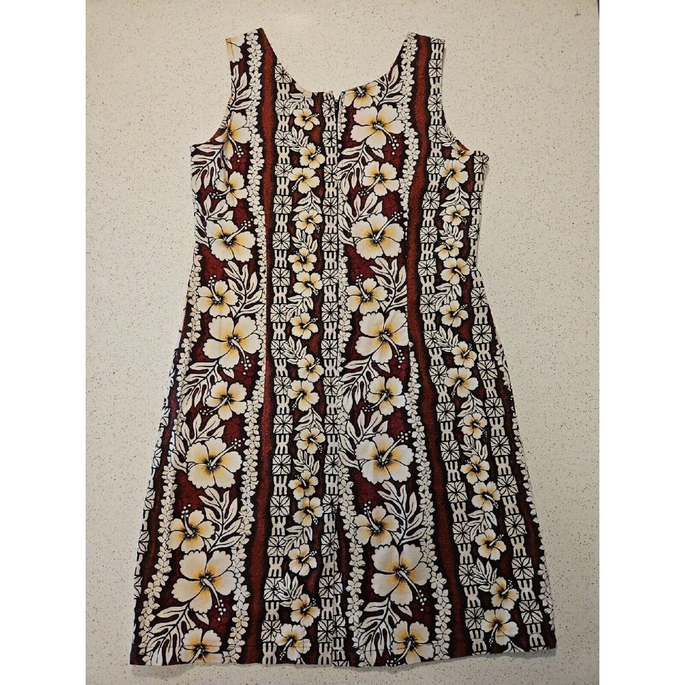 Hawaiian Flavor Tapa Cloth Print Dress M Brown Handmade Sleeveless Cotton Floral - Picture 7 of 16